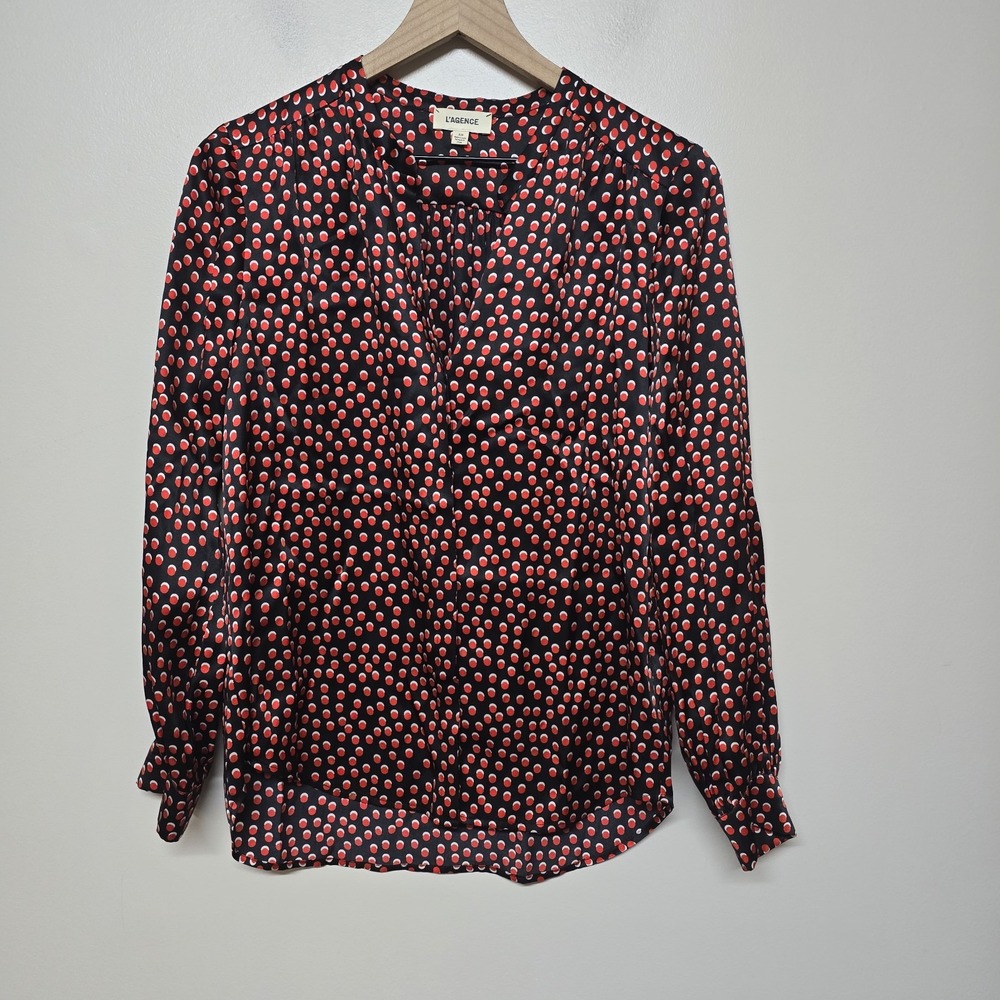 L'AGENCE Womens Bardot Black Red Polka Dot 100% Silk Blouse Sz S Office Academia